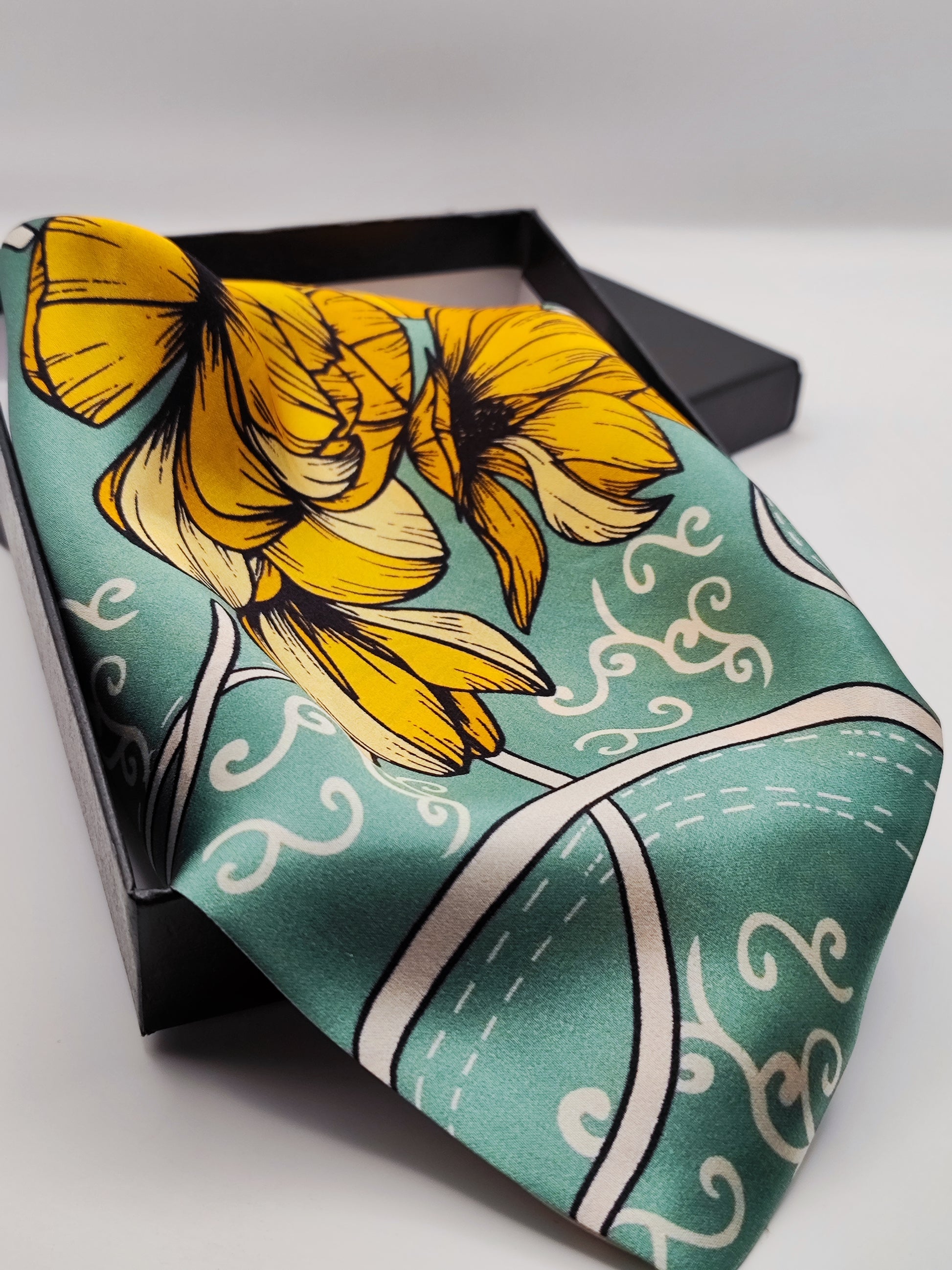 Golden Magnolia luxury silk square scarf 55x55 cm – turquoise with golden floral print – CF fashion