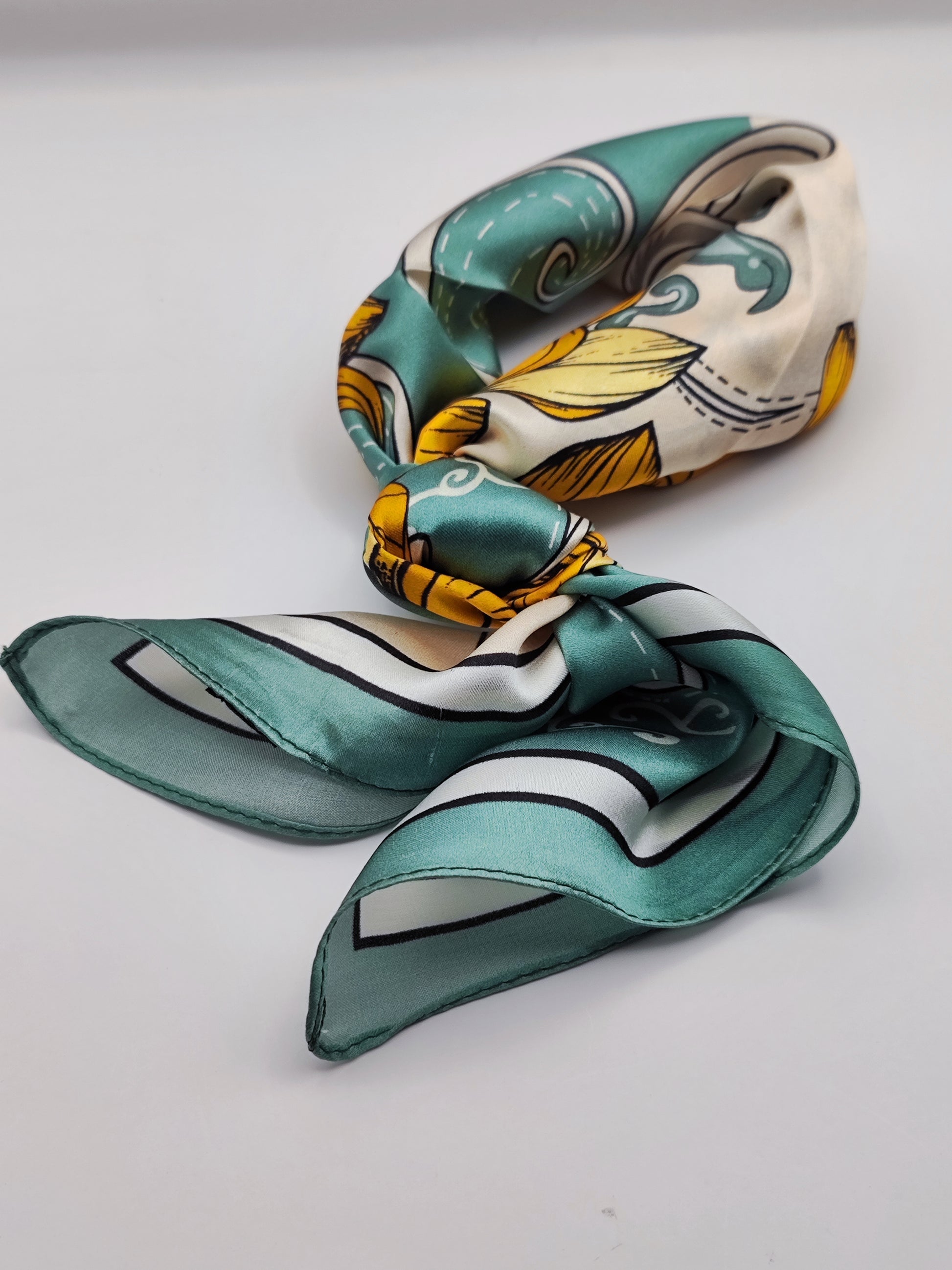Golden Magnolia luxury silk square scarf 55x55 cm – turquoise with golden floral print – CF fashion