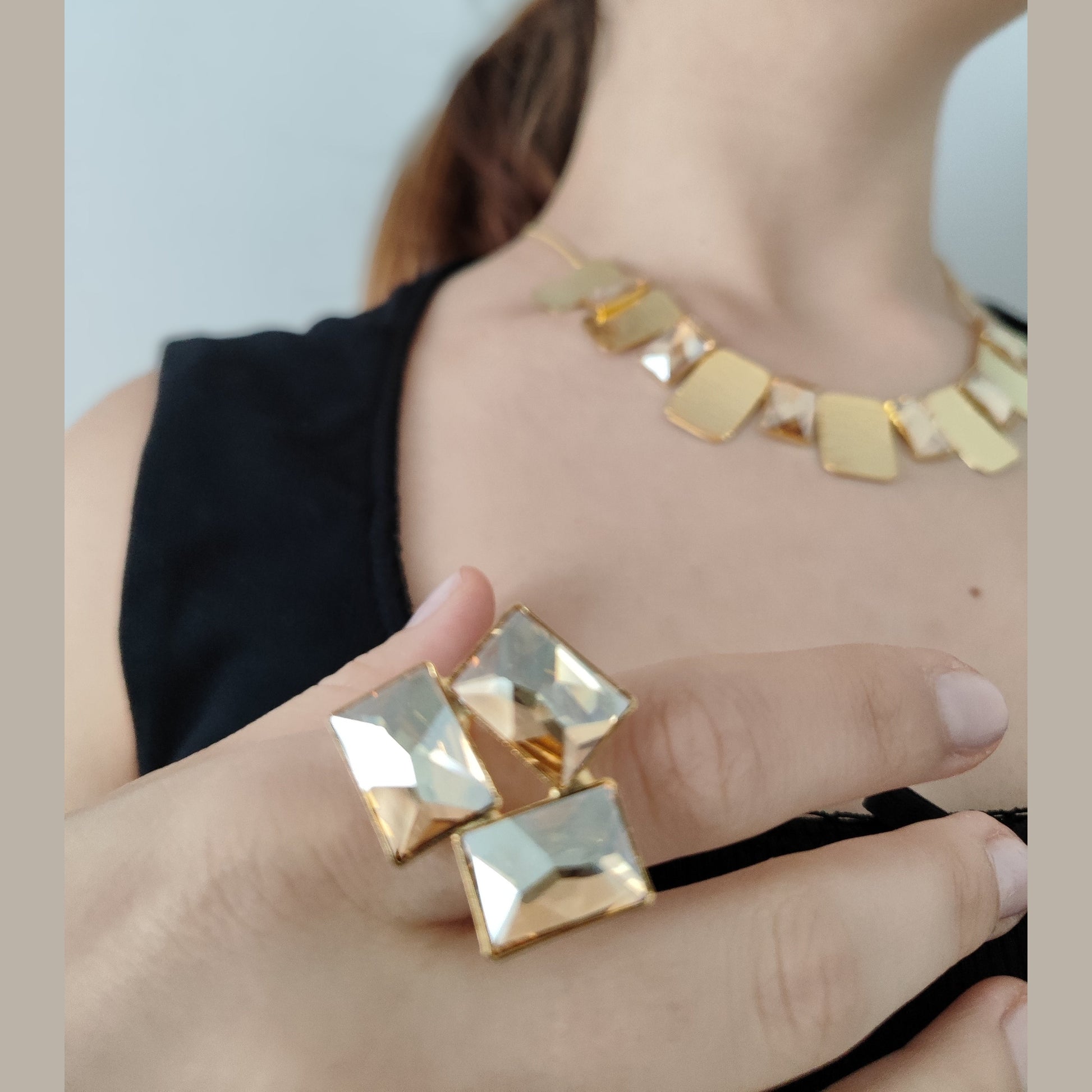 Crete Ring with Crystal – Greek hammered jewelry in 18K gold plated, 18K silver plated, and rose gold plated. Handcrafted adjustable ring with bold faceted crystal design inspired by Minoan Crete.