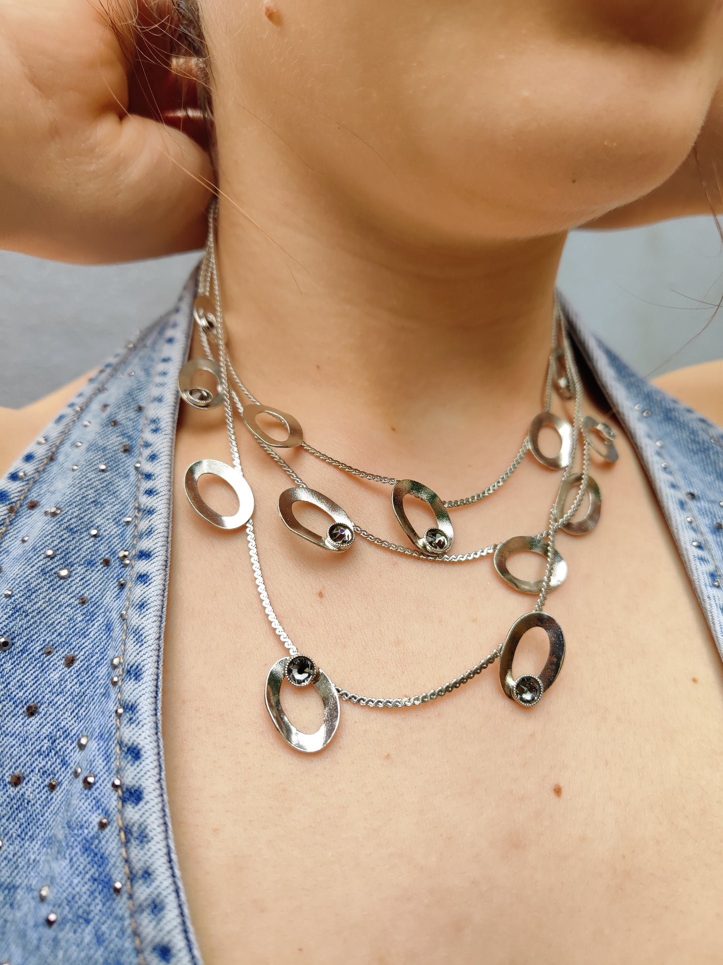 tinos necklace greek hammered jewelry 18k gold or silver plated with black crystal layered design