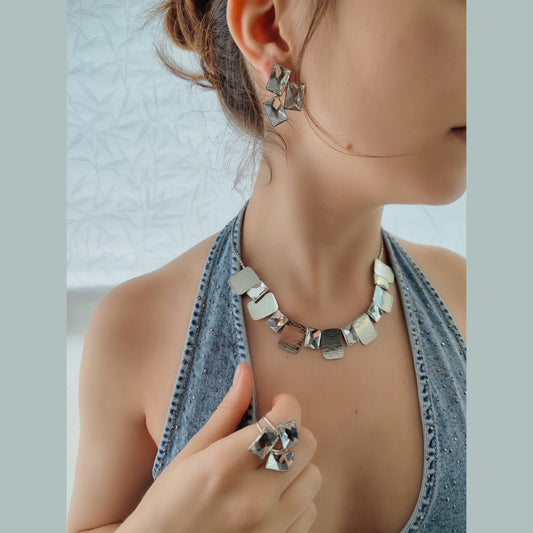 Crete Earrings with Crystal – Greek hammered jewelry in 18K gold plated, 18K silver plated, and rose gold plated. Handcrafted earrings with bold geometric faceted crystal design inspired by Minoan Crete.