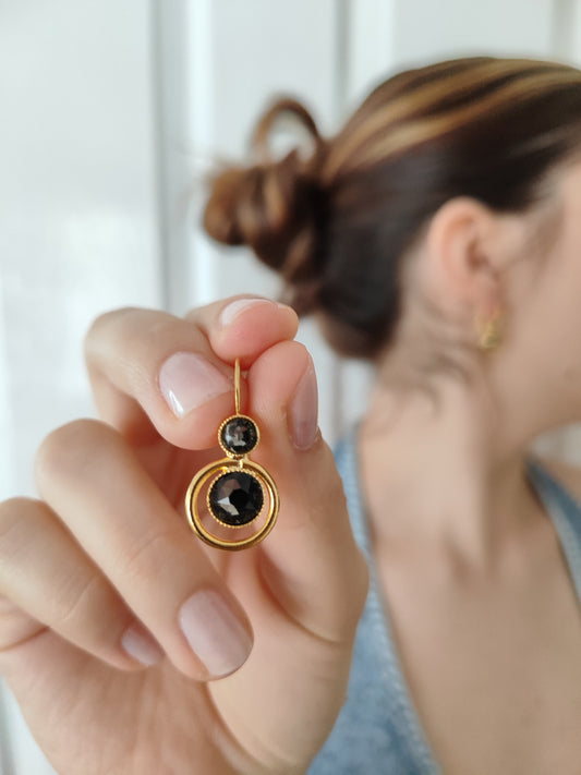 tinos earrings greek hammered jewelry 18k gold or silver plated with black crystal