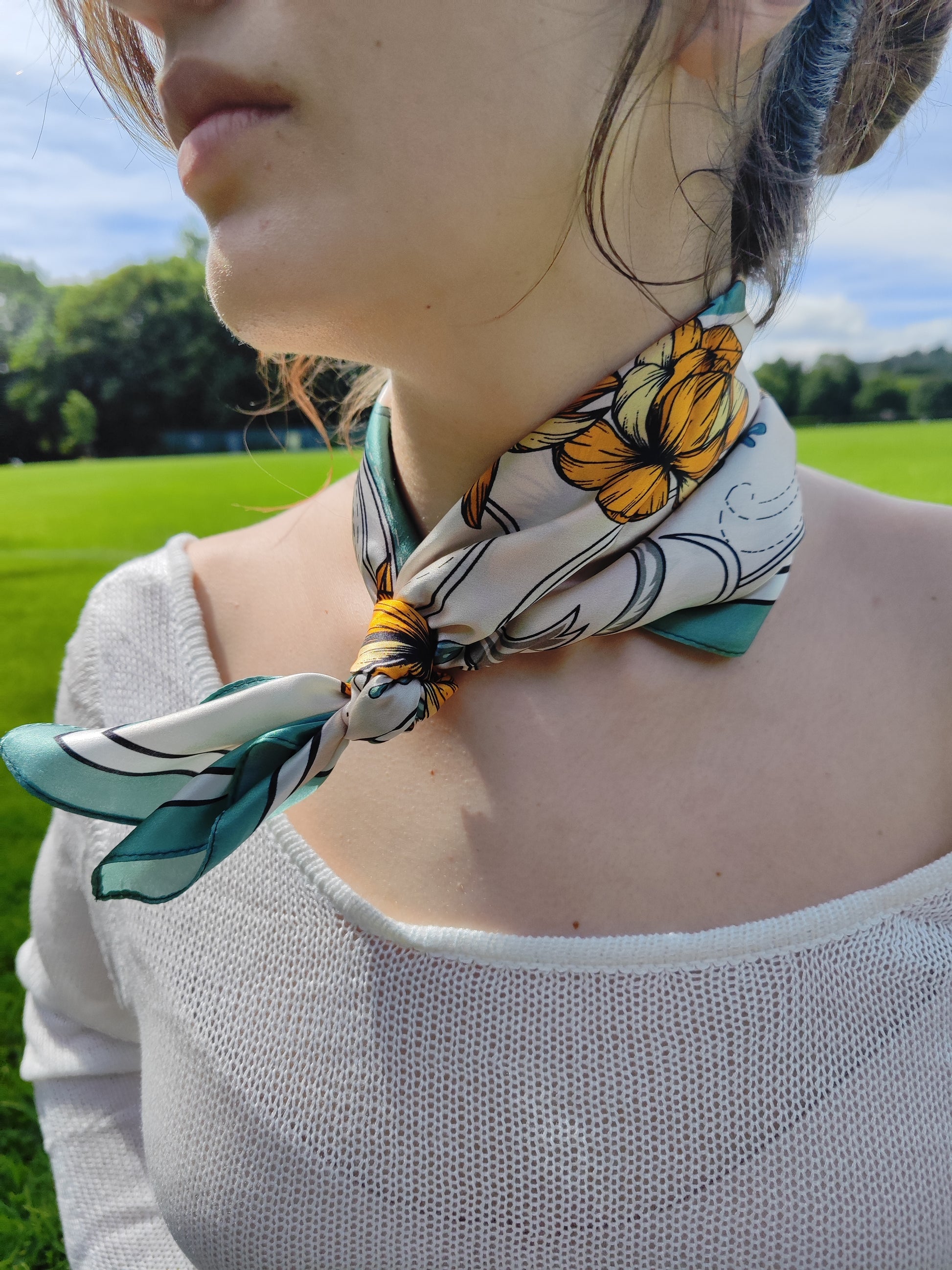 Golden Magnolia luxury silk square scarf 55x55 cm – turquoise with golden floral print – CF fashion