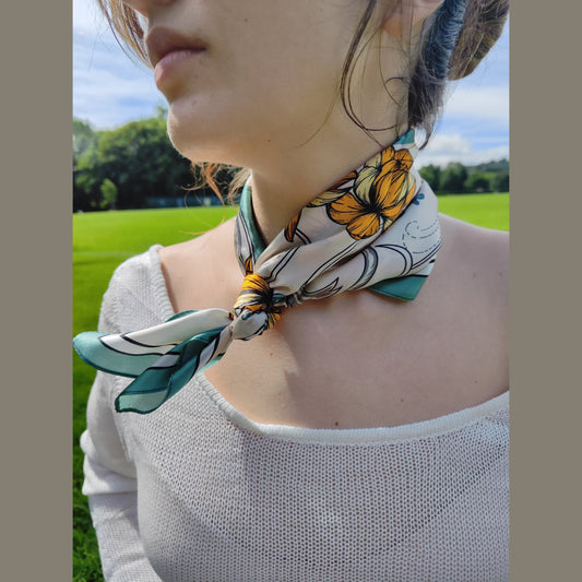 Golden Magnolia luxury silk square scarf 55x55 cm – turquoise with golden floral print – CF fashion