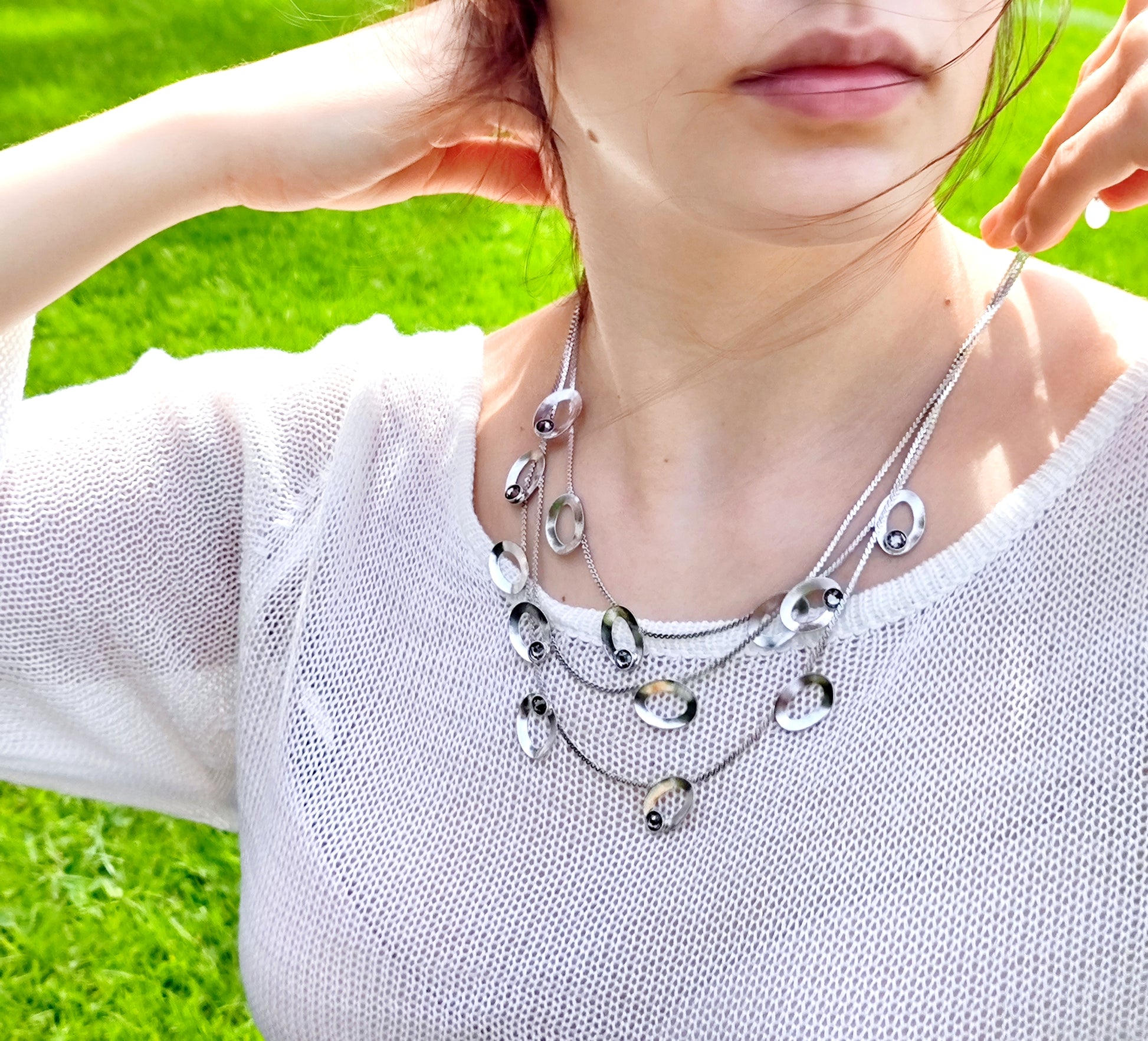 tinos necklace greek hammered jewelry 18k gold or silver plated with black crystal layered design