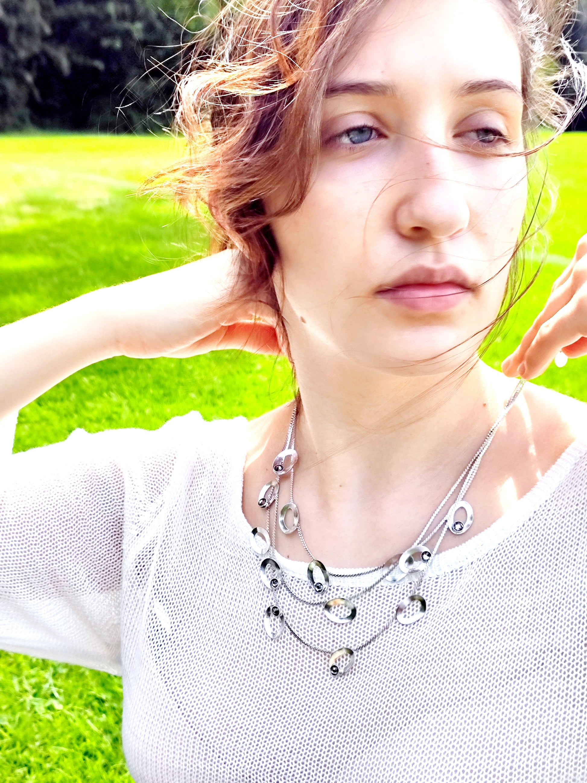 tinos necklace greek hammered jewelry 18k gold or silver plated with black crystal layered design