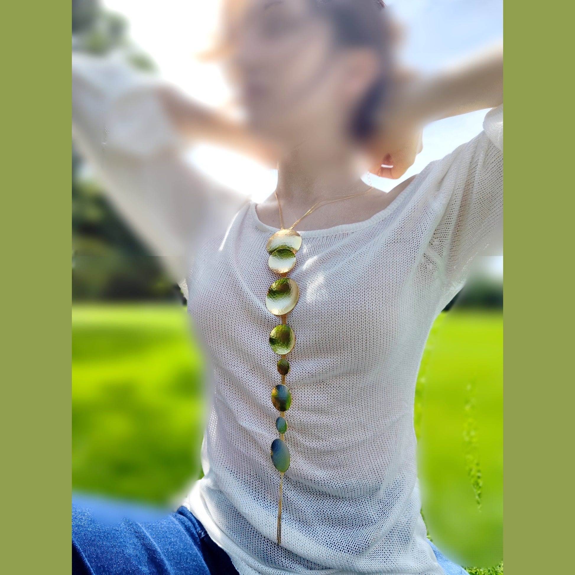 Rhea necklace – Greek hammered jewelry in 18K gold plated, 18K silver plated, and rose gold plated. Handcrafted necklace with hammered circular discs symbolizing the eternal cycle of life.