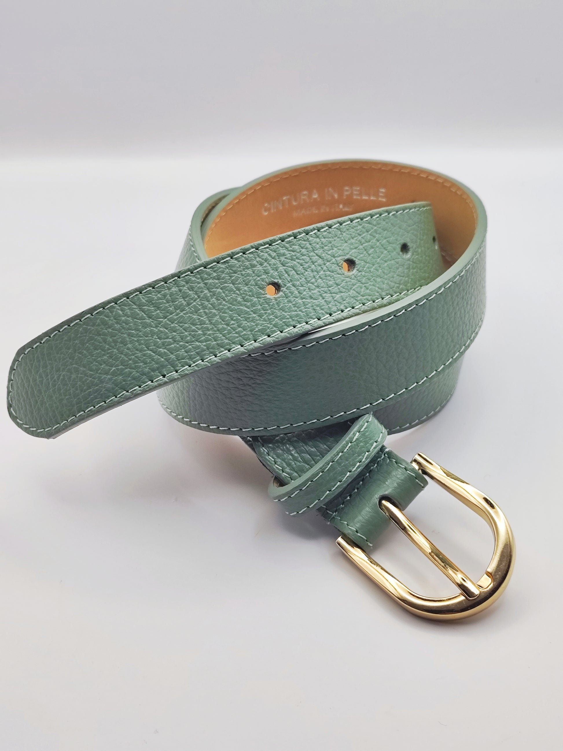 Premium leather belt with silver buckle in lavender, beige, and turquoise – unisex fashion accessory