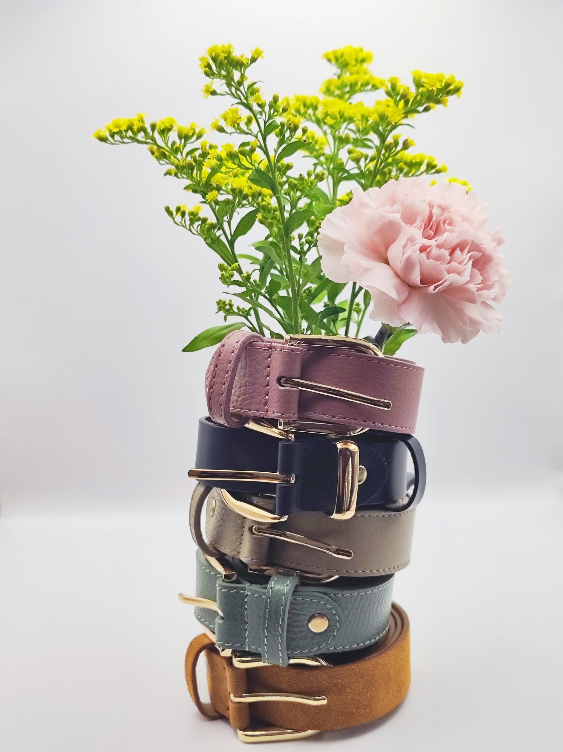 Premium leather belt with silver buckle in lavender, beige, and turquoise – unisex fashion accessory