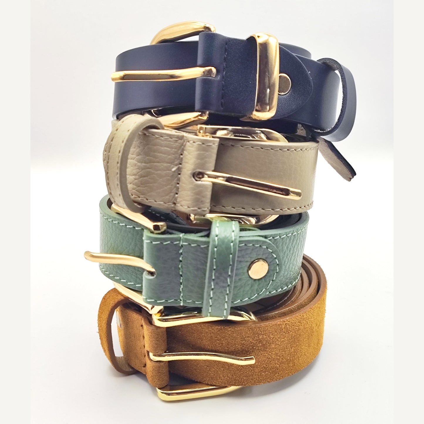 Premium leather belt with silver buckle in lavender, beige, and turquoise – unisex fashion accessory