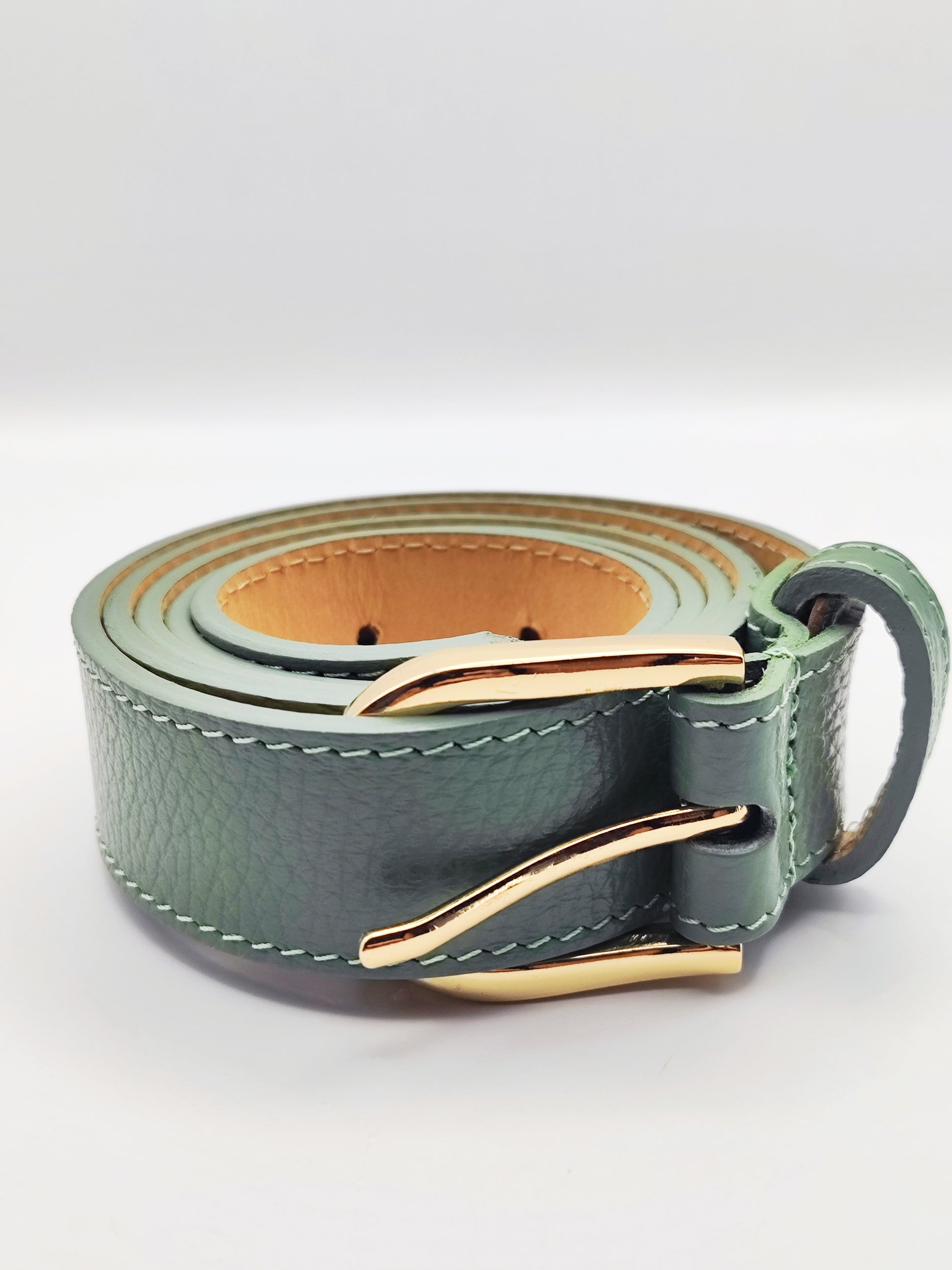Premium leather belt with silver buckle in lavender, beige, and turquoise – unisex fashion accessory