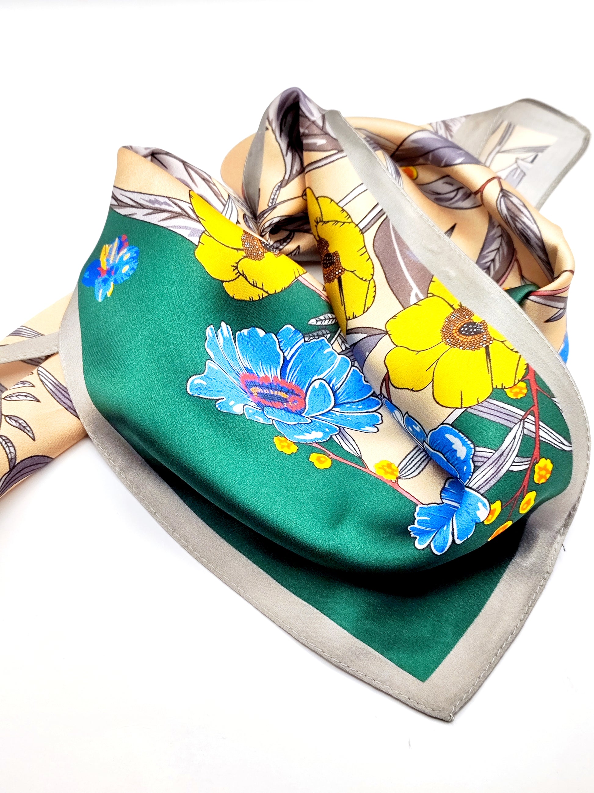Botanica luxury silk square scarf 55x55 cm – emerald green with floral print – CF fashion