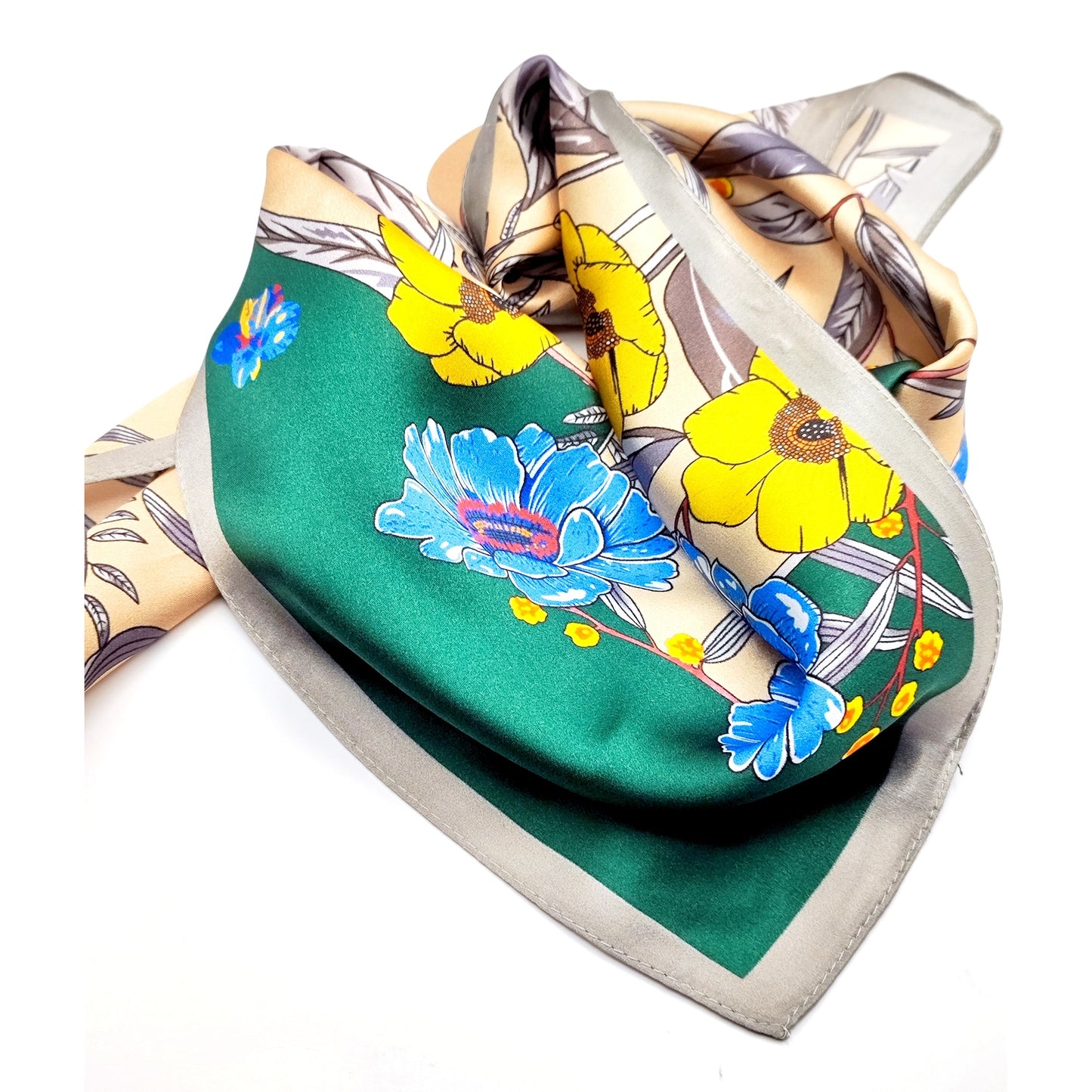 Botanica luxury silk square scarf 55x55 cm – emerald green with floral print – CF fashion