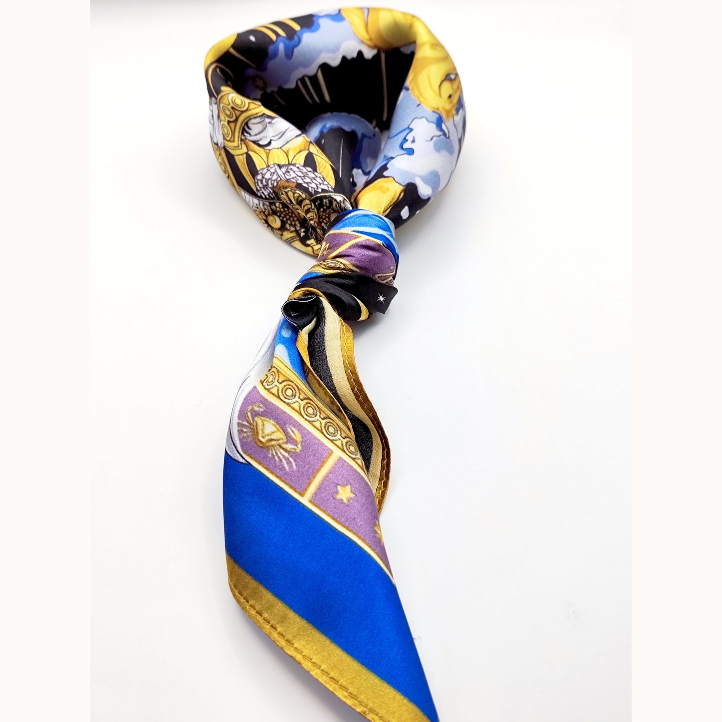 Versailles Sky luxury silk square scarf 55x55 – blue and gold celestial design – CF fashion