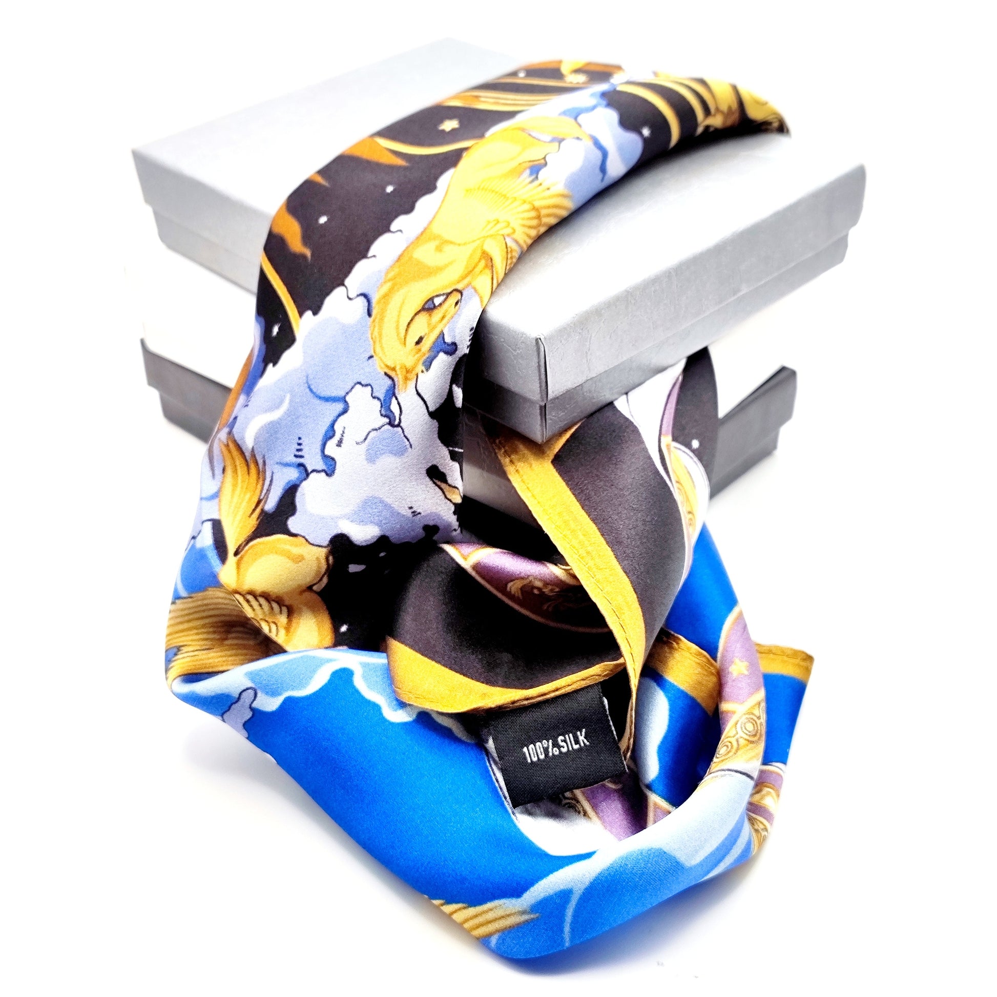 Versailles Sky luxury silk square scarf 55x55 – blue and gold celestial design – CF fashion