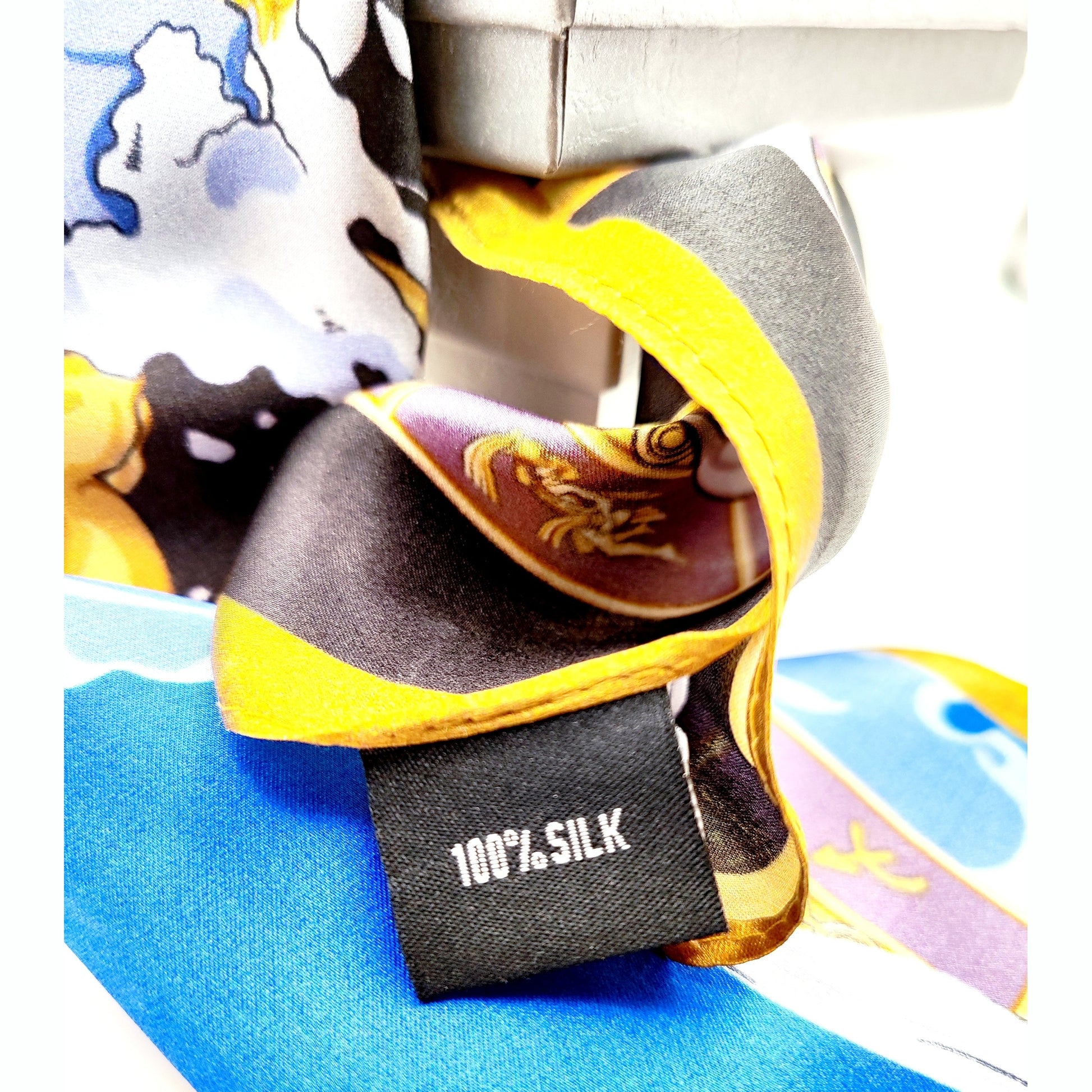 Versailles Sky luxury silk square scarf 55x55 – blue and gold celestial design – CF fashion