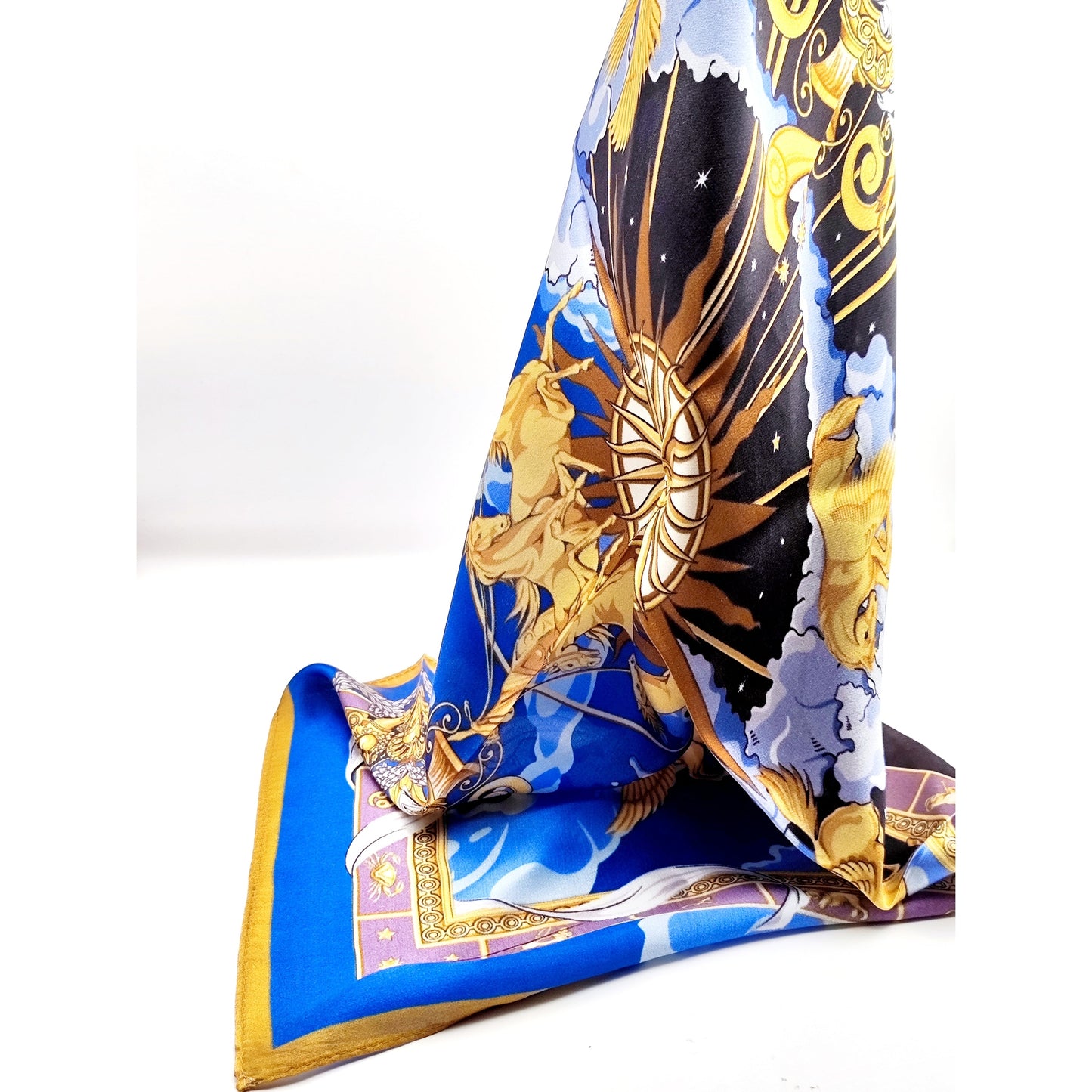 Versailles Sky luxury silk square scarf 55x55 – blue and gold celestial design – CF fashion