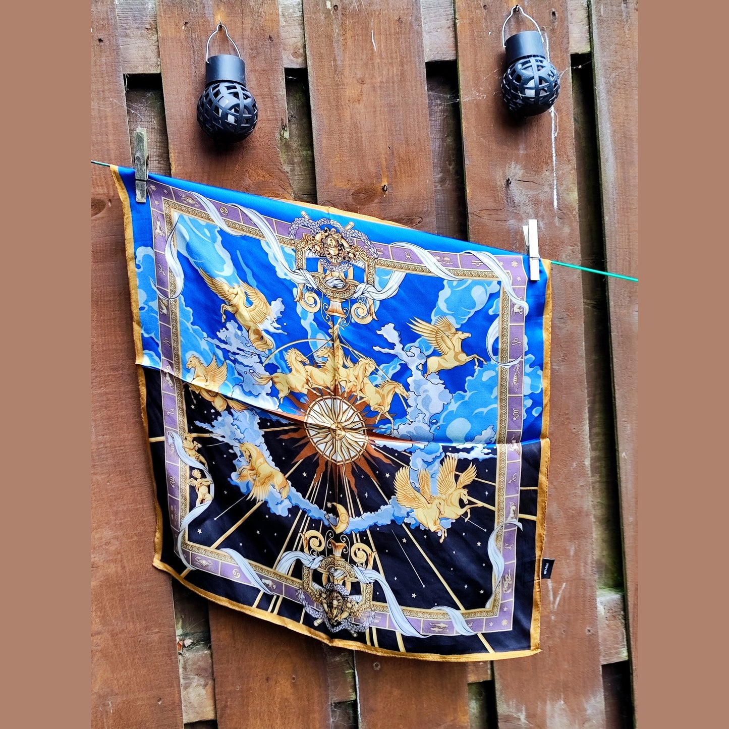 Versailles Sky luxury silk square scarf 55x55 – blue and gold celestial design – CF fashion