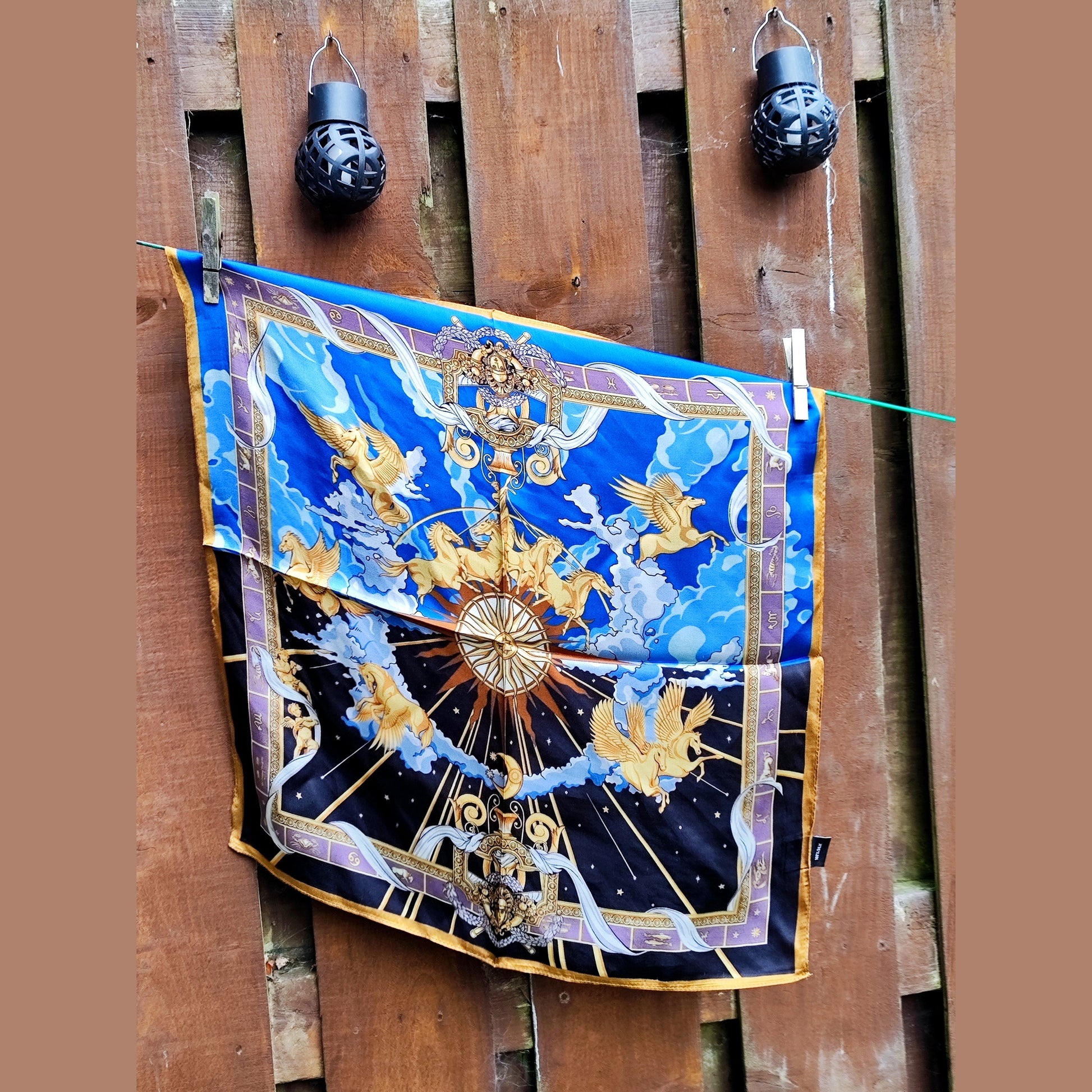 Versailles Sky luxury silk square scarf 55x55 – blue and gold celestial design – CF fashion