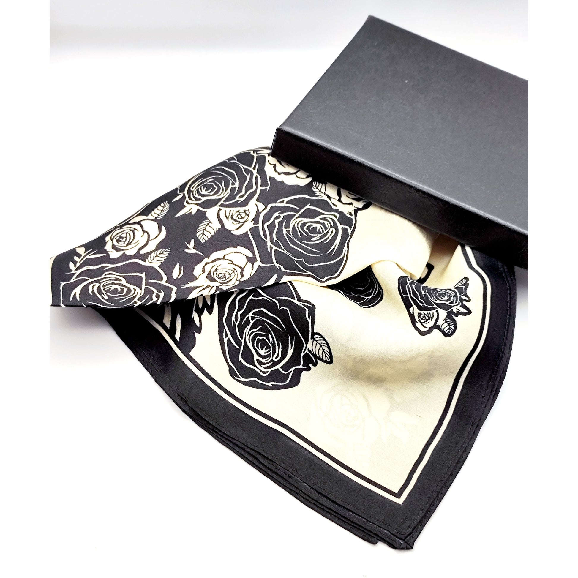 Noir Rose luxury silk square scarf 55x55 black rose motif on cream background CF fashion