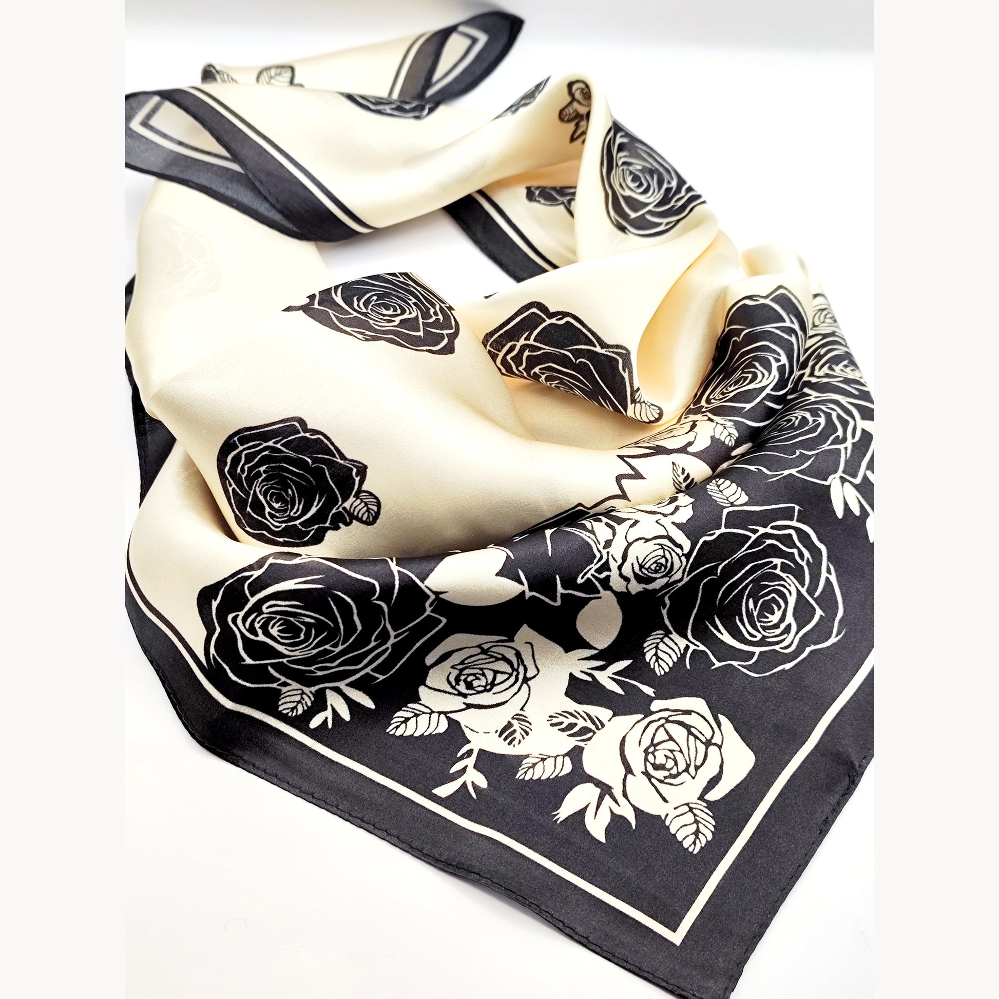 Noir Rose luxury silk square scarf 55x55 black rose motif on cream background CF fashion