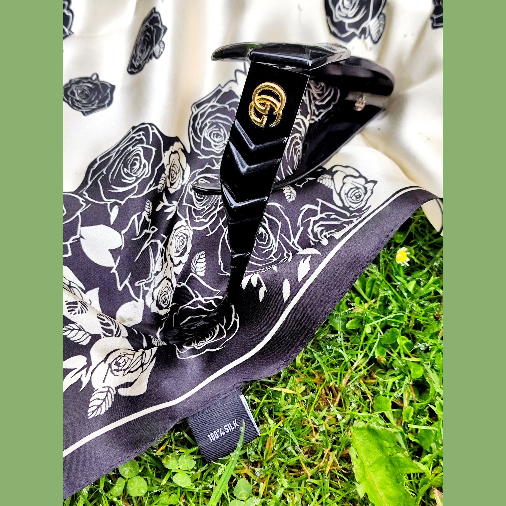 Noir Rose luxury silk square scarf 55x55 black rose motif on cream background CF fashion