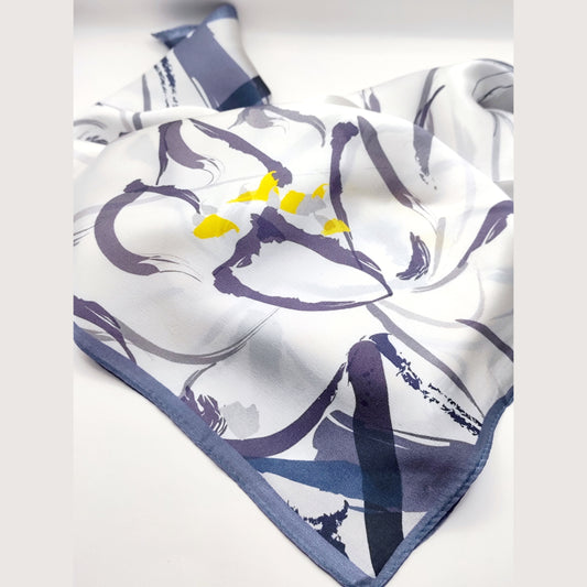 Serenata luxury silk square scarf 55x55 – white navy grey artistic print – CF fashion
