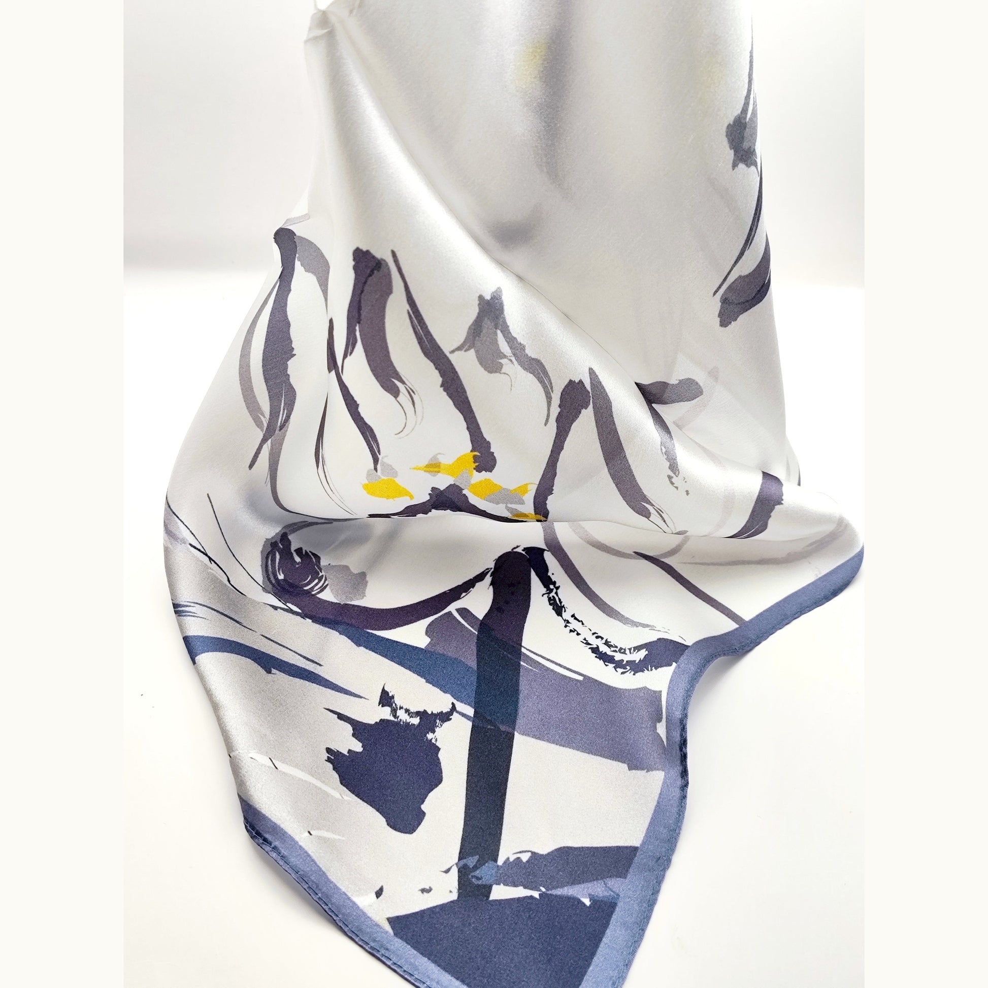 Serenata luxury silk square scarf 55x55 – white navy grey artistic print – CF fashion