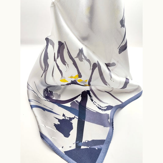 Serenata luxury silk square scarf 55x55 – white navy grey artistic print – CF fashion