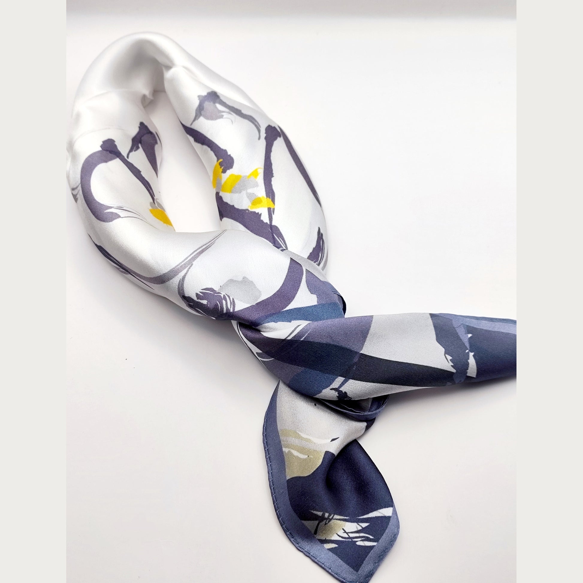 Serenata luxury silk square scarf 55x55 – white navy grey artistic print – CF fashion