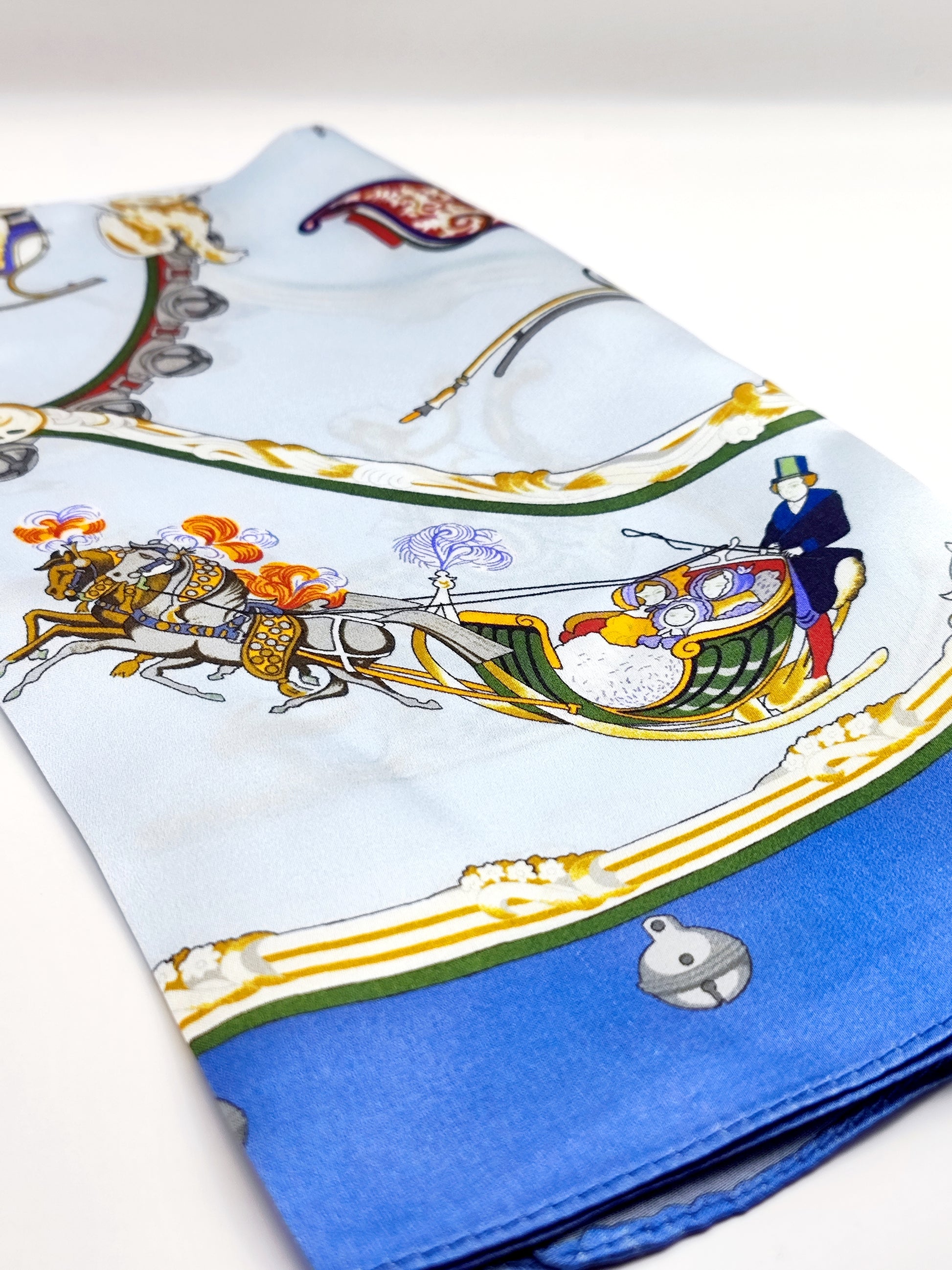 Royal Carriage luxury silk square scarf 55x55 – blue and gold baroque carriage design – CF fashion