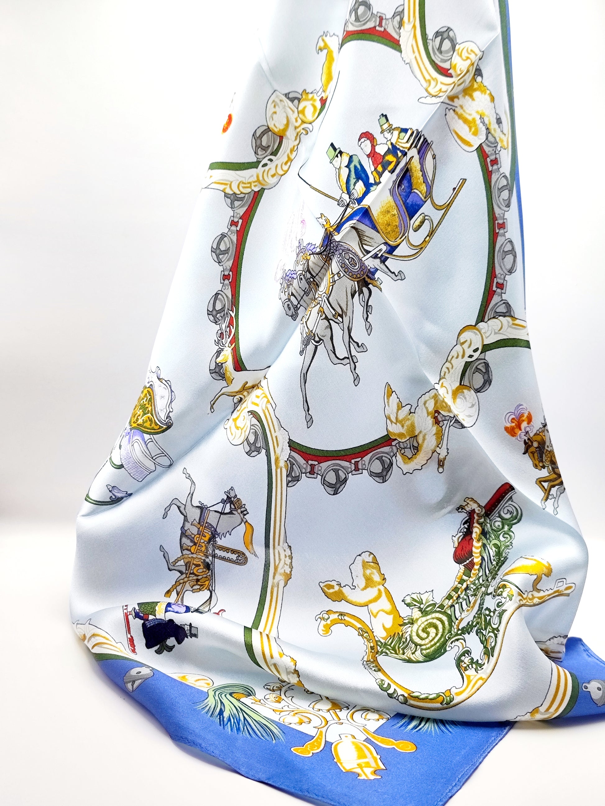 Royal Carriage luxury silk square scarf 55x55 – blue and gold baroque carriage design – CF fashion