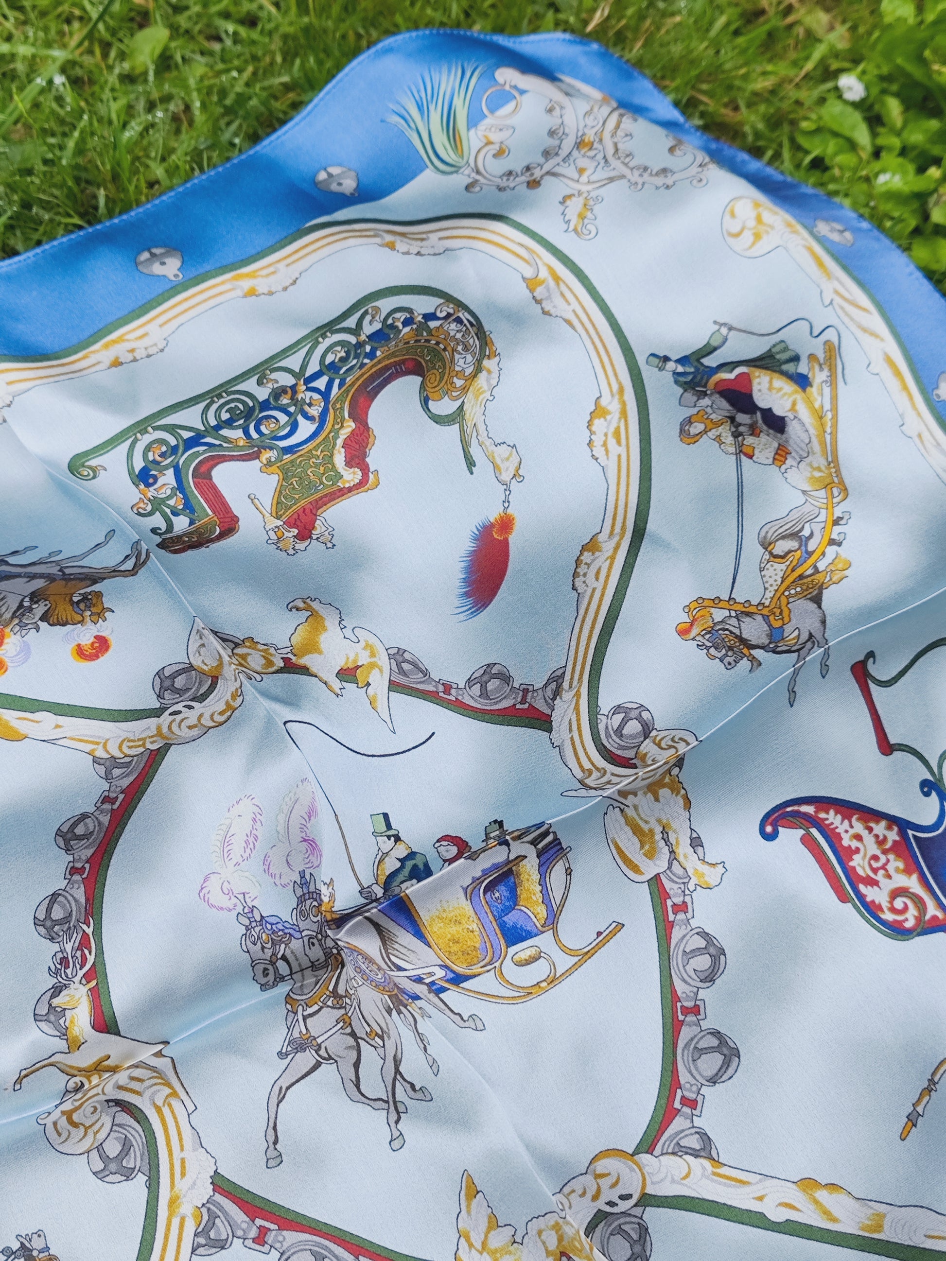 Royal Carriage luxury silk square scarf 55x55 – blue and gold baroque carriage design – CF fashion