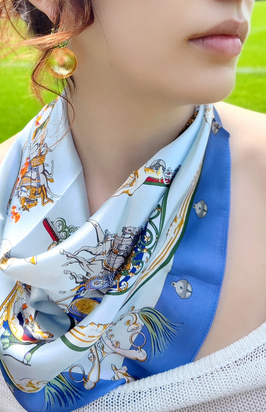 Royal Carriage luxury silk square scarf 55x55 – blue and gold baroque carriage design – CF fashion