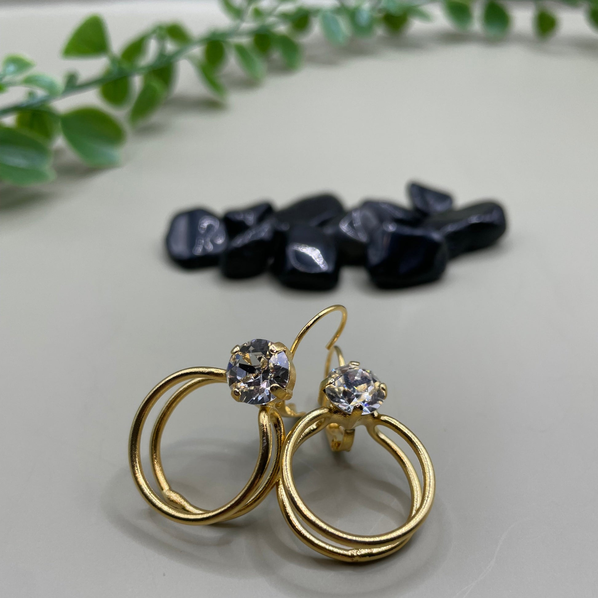 Gold double hoop earrings with Swarovski crystal, Greek hammered jewelry, available in gold, silver, and rose gold