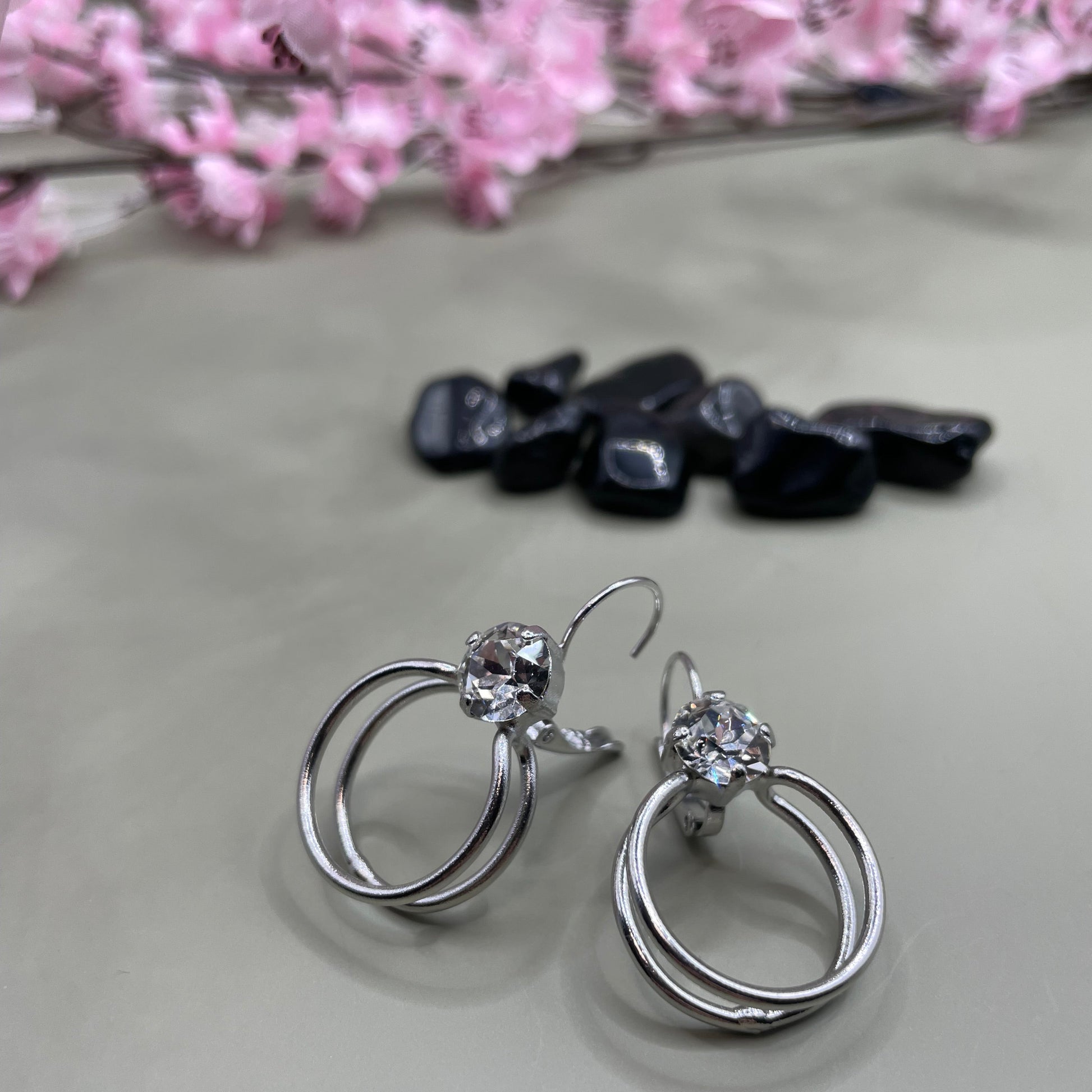 Gold double hoop earrings with Swarovski crystal, Greek hammered jewelry, available in gold, silver, and rose gold