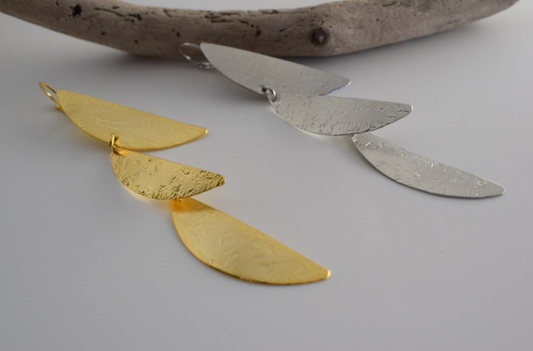 Hellea earrings – Greek hammered jewelry – 18K gold or silver plated – cascading articulated hammered drops – also available in rose gold