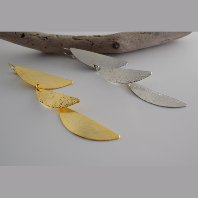 Hellea earrings – Greek hammered jewelry – 18K gold or silver plated – cascading articulated hammered drops – also available in rose gold