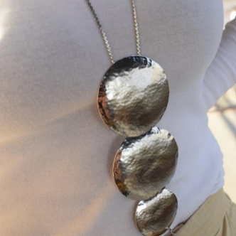 Helios Necklace – Greek Hammered Jewelry – 18K Gold, Silver, or Rose Gold Plated. Handmade statement necklace with three hammered discs inspired by the sun.