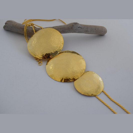 Helios Necklace – Greek Hammered Jewelry – 18K Gold, Silver, or Rose Gold Plated. Handmade statement necklace with three hammered discs inspired by the sun.