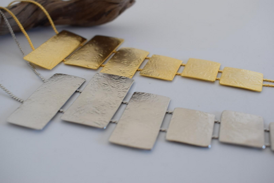 Isthmus Necklace – Greek Hammered Jewelry – 18K Gold, Silver, or Rose Gold Plated. Vertical hammered rectangular plates in bold geometric design.