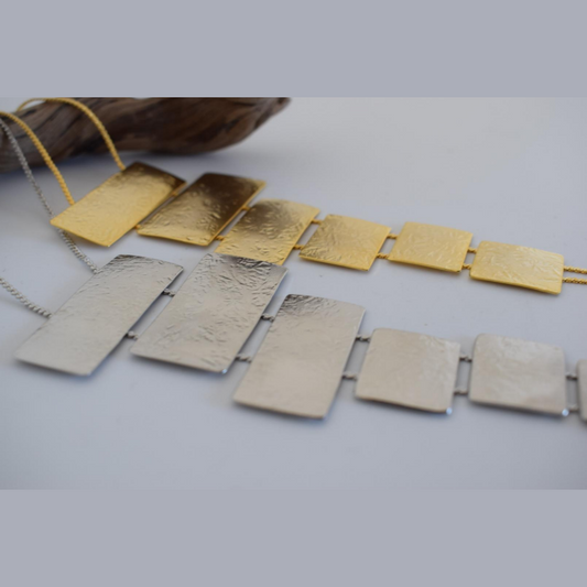 Isthmus Necklace – Greek Hammered Jewelry – 18K Gold, Silver, or Rose Gold Plated. Vertical hammered rectangular plates in bold geometric design.
