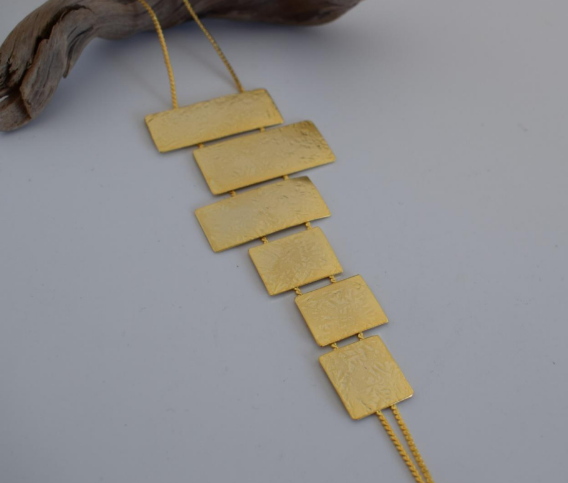 Isthmus Necklace – Greek Hammered Jewelry – 18K Gold, Silver, or Rose Gold Plated. Vertical hammered rectangular plates in bold geometric design.