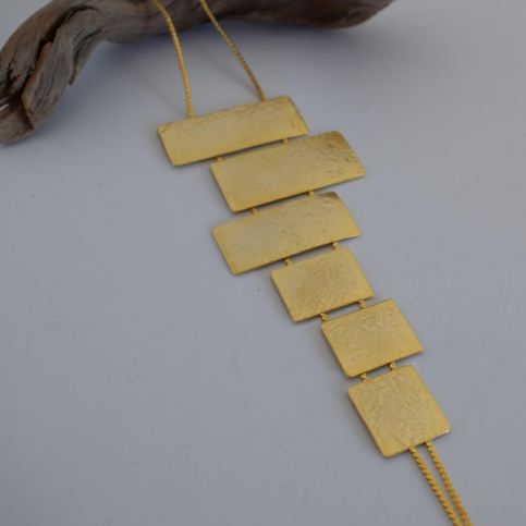 Isthmus Necklace – Greek Hammered Jewelry – 18K Gold, Silver, or Rose Gold Plated. Vertical hammered rectangular plates in bold geometric design.
