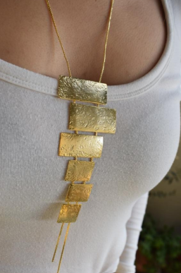 Isthmus Necklace – Greek Hammered Jewelry – 18K Gold, Silver, or Rose Gold Plated. Vertical hammered rectangular plates in bold geometric design.