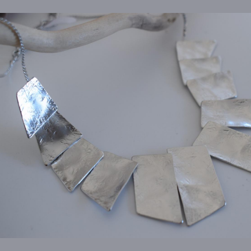 Kion Necklace – Greek Hammered Jewelry – 18K Gold, Silver, or Rose Gold Plated. Geometric statement necklace inspired by ancient Greek columns with hammered texture.