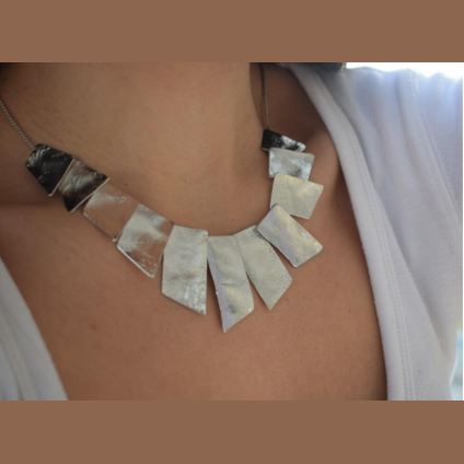 Kion Necklace – Greek Hammered Jewelry – 18K Gold, Silver, or Rose Gold Plated. Geometric statement necklace inspired by ancient Greek columns with hammered texture.