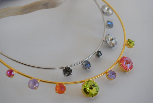 Evanthos Necklace With Crystal – Greek Hammered Jewelry – 18K Gold, Silver, or Rose Gold Plated. Handcrafted hammered circle necklace with shimmering crystals.