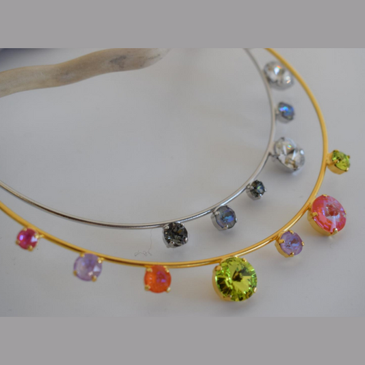 Evanthos Necklace With Crystal – Greek Hammered Jewelry – 18K Gold, Silver, or Rose Gold Plated. Handcrafted hammered circle necklace with shimmering crystals.