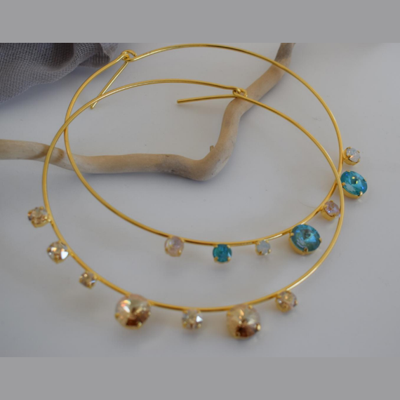 Evanthos Necklace With Crystal – Greek Hammered Jewelry – 18K Gold, Silver, or Rose Gold Plated. Handcrafted hammered circle necklace with shimmering crystals.